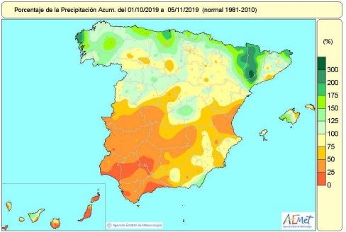 Las últimas lluvias reducen la falta acumulada de precipitaciones desde octubre hasta el 7%