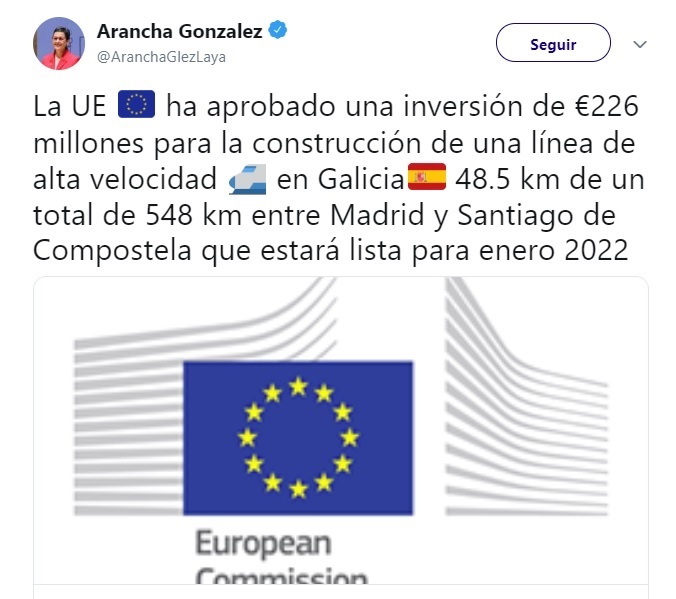 La ministra de Exteriores asegura en redes sociales que el AVE a Galicia «estará listo para enero de 2022»