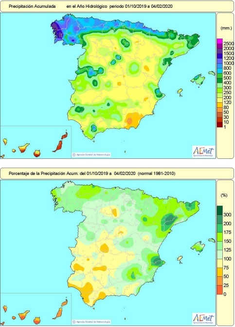 Las lluvias acumuladas desde el mes de octubre hasta febrero superan en casi un 20% el valor medio normal en España