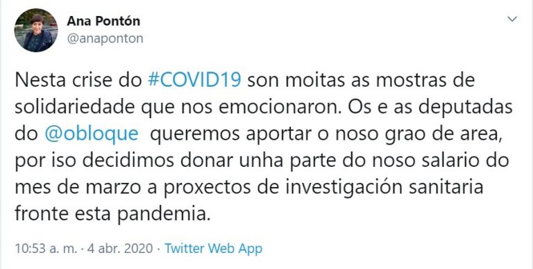 Coronavirus.- Los diputados del BNG donan parte de su suelo de marzo a proyectos de investigación frente al COVID-19