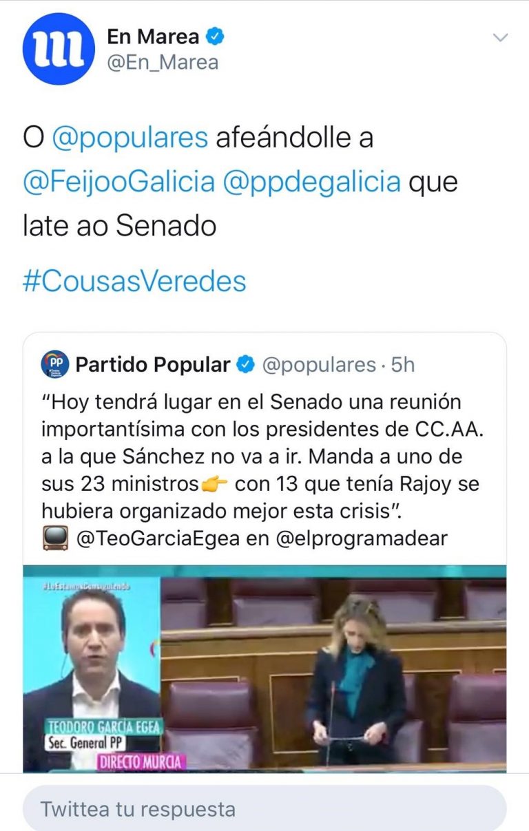 En Marea ironiza con que el PP censura que Feijóo no vaya al Senado al criticar que no lo haga Sánchez