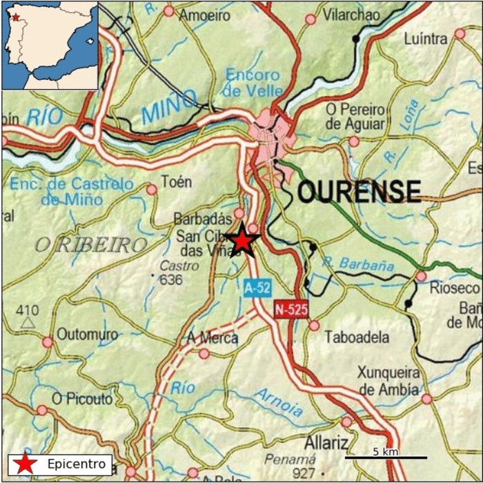 Registrados sendos terremotos de 2,4 grados de intensidad en San Cibrao das Viñas y Barbadás (Ourense)