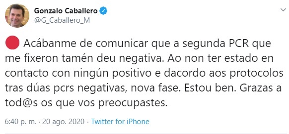 Gonzalo Caballero abandonará la cuarentena tras dar negativo en una segunda prueba PCR