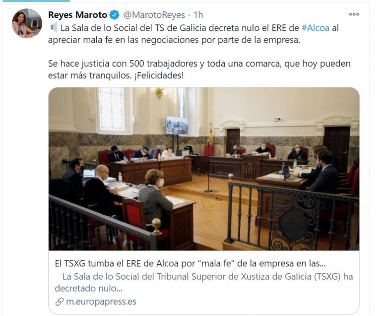 La ministra de Industria, tras la anulación del ERE de Alcoa: «Se hace justicia con 500 trabajadores y toda una comarca»
