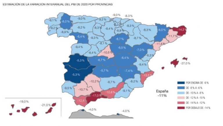 Pontevedra, A Coruña y Ourense registraron caídas del PIB de en torno al 9% en 2020 y en Lugo bajó un 8%