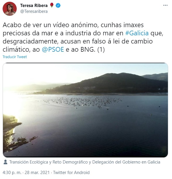 Teresa Ribera defiende con un hilo en gallego que la Ley de Cambio Climático «no afecta» a las concesiones en la costa