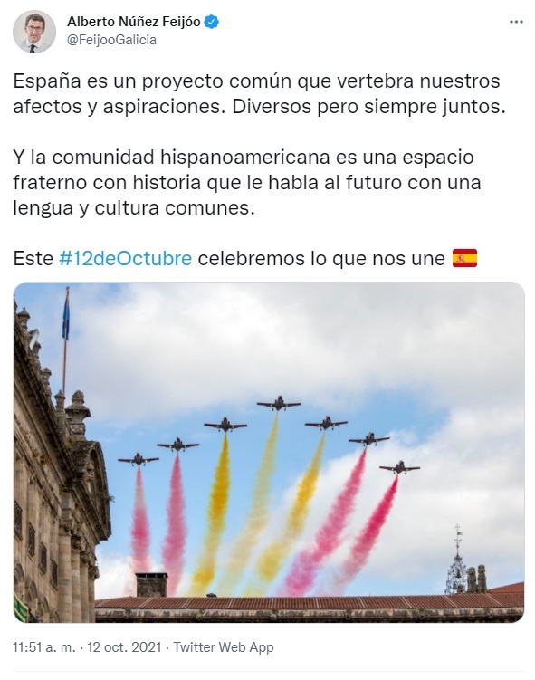 Feijóo reivindica el «proyecto común» de España con motivo de la Fiesta Nacional, a cuyos actos no asiste este martes