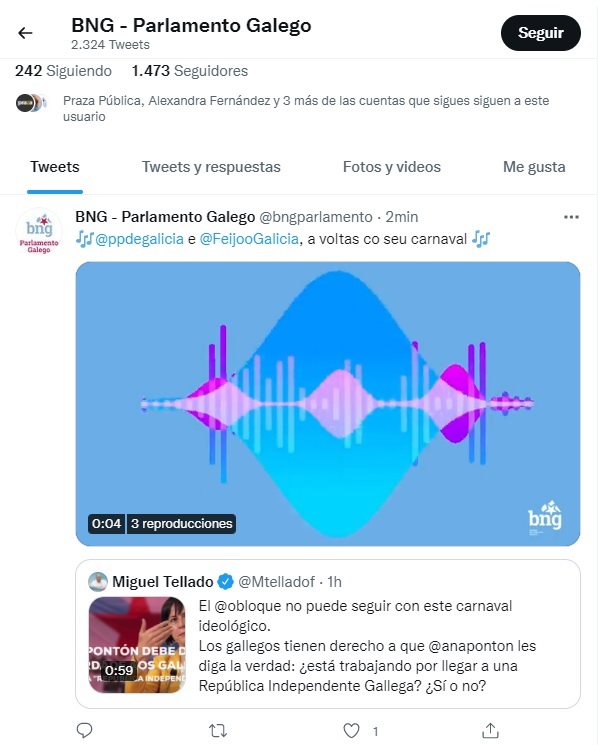 El BNG replica con humor en Twitter a Miguel Tellado (PPdeG) y responde con la canción ‘Carnaval’ de Georgie Dann
