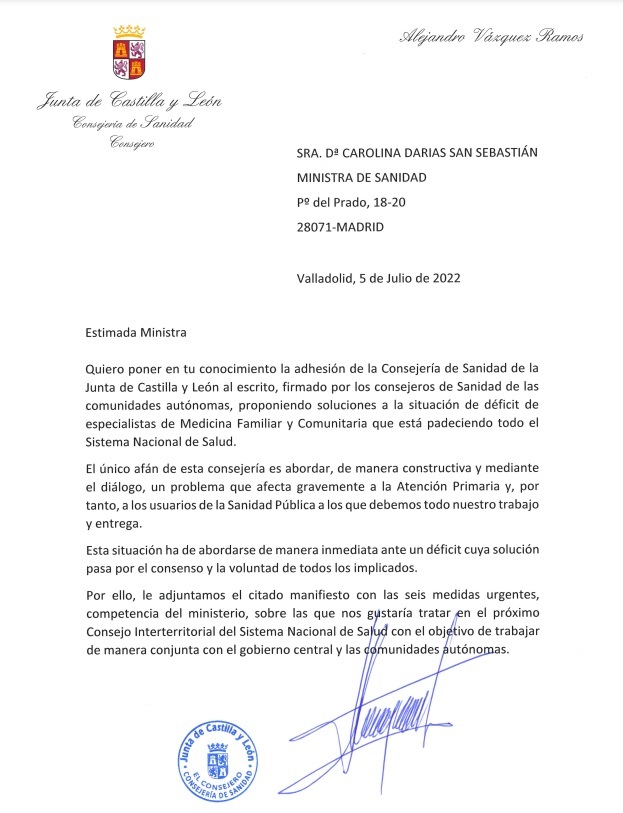 Castilla y León comunica por carta a Darias la adhesión al manifiesto impulsado por Galicia y Euskadi para Primaria