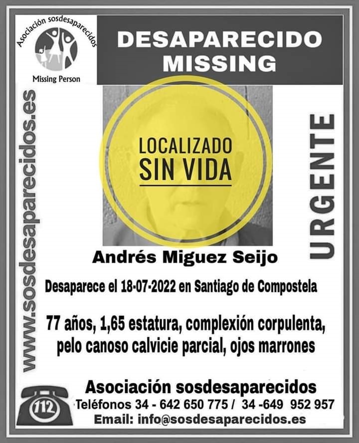 Identifican el cadáver hallado en Santiago como el del hombre de 77 años que llevaba desaparecido desde el día 18