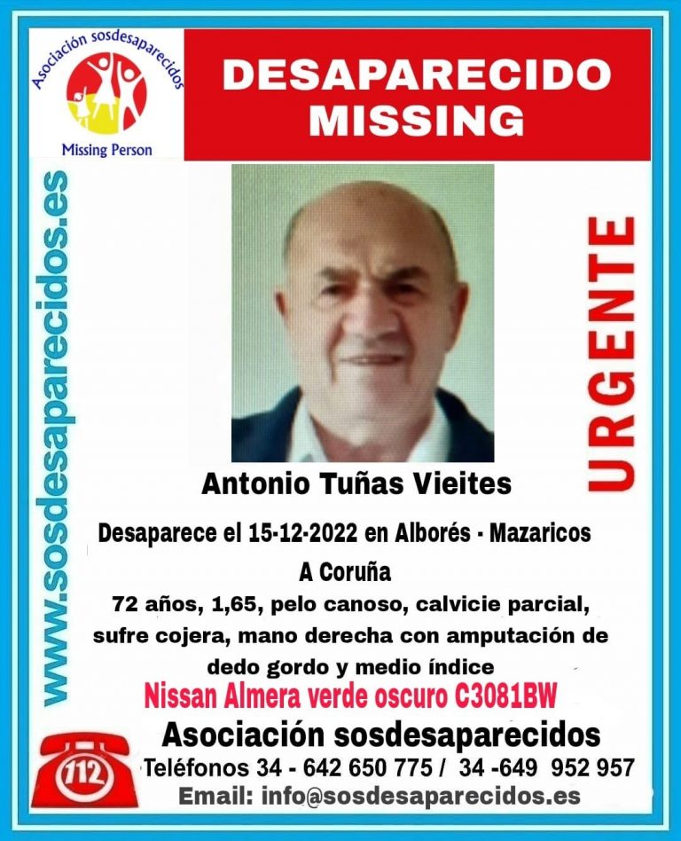 Solicitan colaboración para la búsqueda de un vecino de Mazaricos (A Coruña) desaparecido