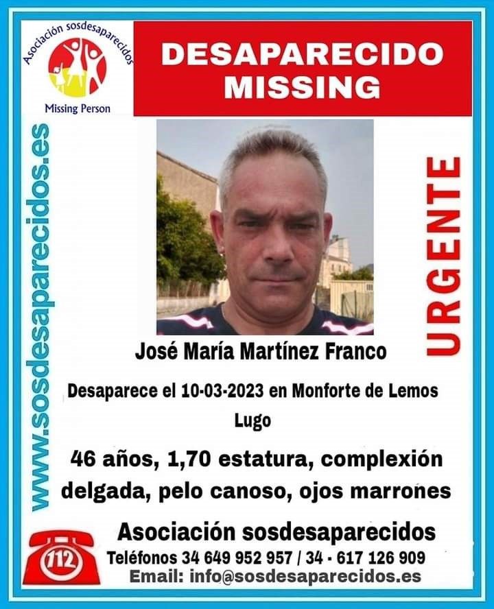 Buscan a un hombre de 46 años desaparecido en Monforte (Lugo) desde el 10 de marzo