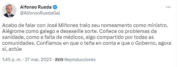 Alfonso Rueda felicita a Miñones tras su nombramiento como ministro y pide que «actúe» sobre los problemas de la sanidad