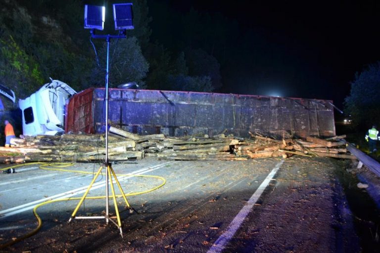 El vuelco de un camión de troncos en Muíños (Ourense) obliga a cortar la circulación durante más de seis horas