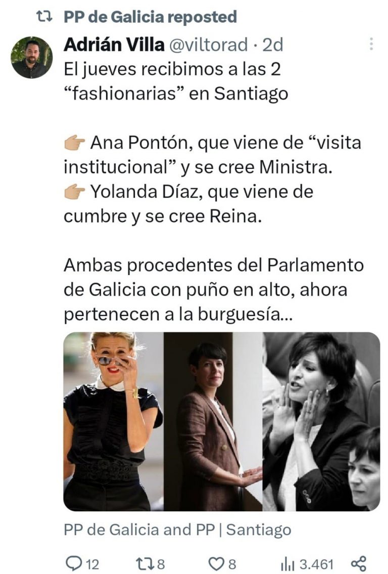 El BNG pide a Rueda que «desautorice» al concejal del PP que criticó en X a Pontón y Yolanda Díaz como «fashionarias»