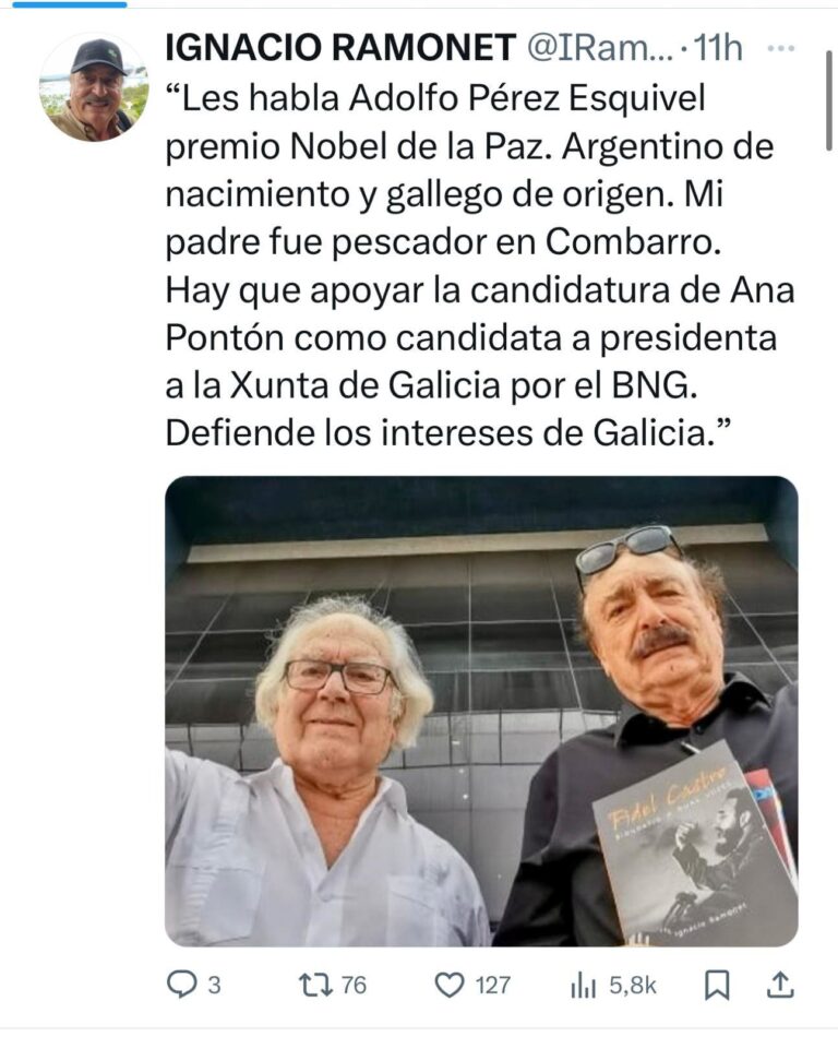 18F.-Beiras se suma a la campaña del BNG y participa en un acto con Pontón, que recibe el apoyo del nobel Pérez Esquivel