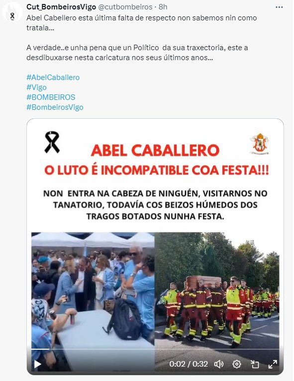 CUT-Bombeiros Vigo afea la presencia del alcalde en una «fiesta» uno de los días de luto por la muerte de un compañero