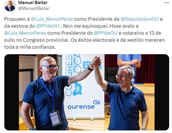 Baltar subraya su apoyo a Luis Menor para presidir el PP de Ourense: «Lo propuse como presidente y no me equivoqué»