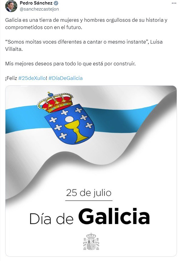 Sánchez erige a Galicia en tierra de «mujeres y hombres orgullosos de su historia y comprometidos» con el futuro