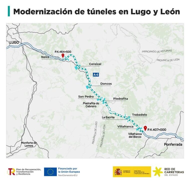 Las obras en los túneles de Doncos y Cereixal en la A-6 provocarán afectaciones al tráfico desde el martes