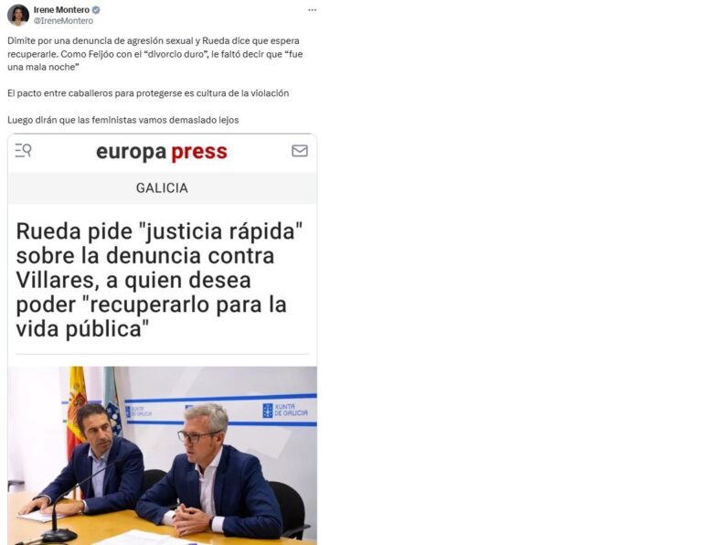 Irene Montero, tras respaldar Rueda a Villares: «El pacto entre caballeros para protegerse es cultura de la violación»