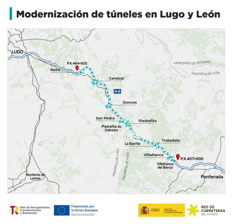 Las obras en el túnel de San Pedro en la A-6, en Pedrafita (Lugo), provocan cortes parciales entre este martes y viernes