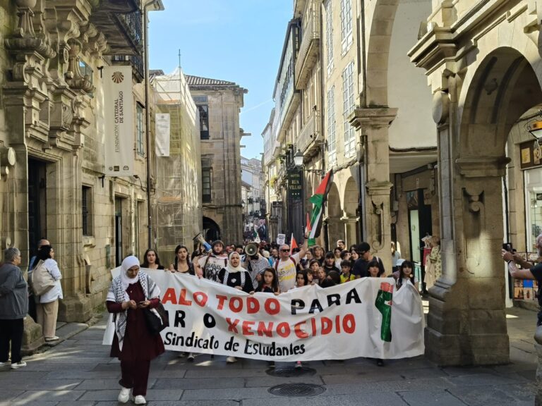 Estudiantes en huelga salen en marcha por las calles de Santiago durante una protesta a favor de Palestina