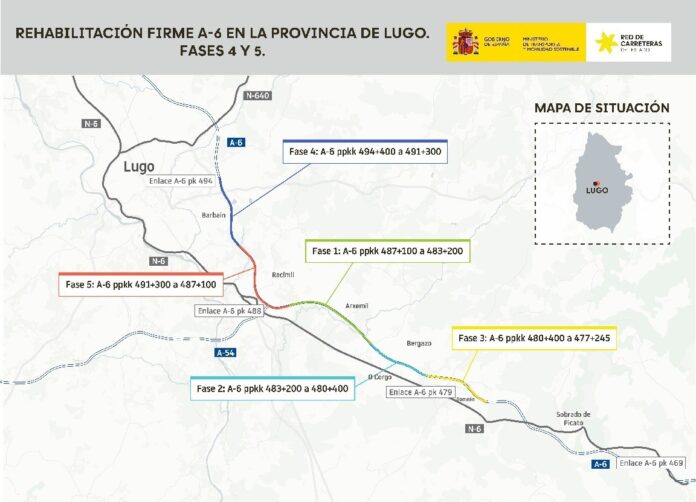 Continúa con la ejecución de las obras de rehabilitación estructural del pavimento de la calzada izquierda de la autovía A-6, entre los kilómetros 480 y 540,44 -- de O Corgo a Guitiriz --, en la provincia de Lugo.. MINISTERIO DE TRANSPORTES Y MOVILIDAD SOSTENIBLE