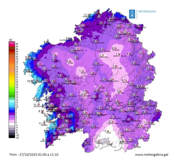 Mapa de las temperaturas mínimas Galicia. METEOGALICIA
