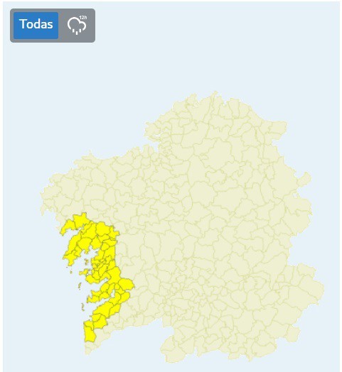 La costa de Pontevedra y el suroeste de A Coruña, el aviso amarillo este martes por acumulación de lluvia. CAPTURA METEOGALICIA