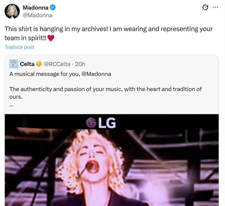 Madonna responde al Celta y dice que guarda la camiseta: «¡Llevo a vuestro equipo en espíritu!»
