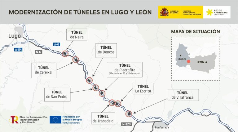 Obras para ejecutar nuevos firmes en el túnel de Pedrafita provocarán cortes en la A-6 el lunes y el martes