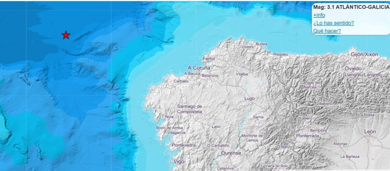 Registrado un temblor de magnitud 3,1 en el Atlántico a casi 200 kilómetros de la costas de la provincia de A Coruña